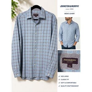 Johnston & Murphy Classic Fit Plaid Button Down Shirt L Large Light Blue Cotton